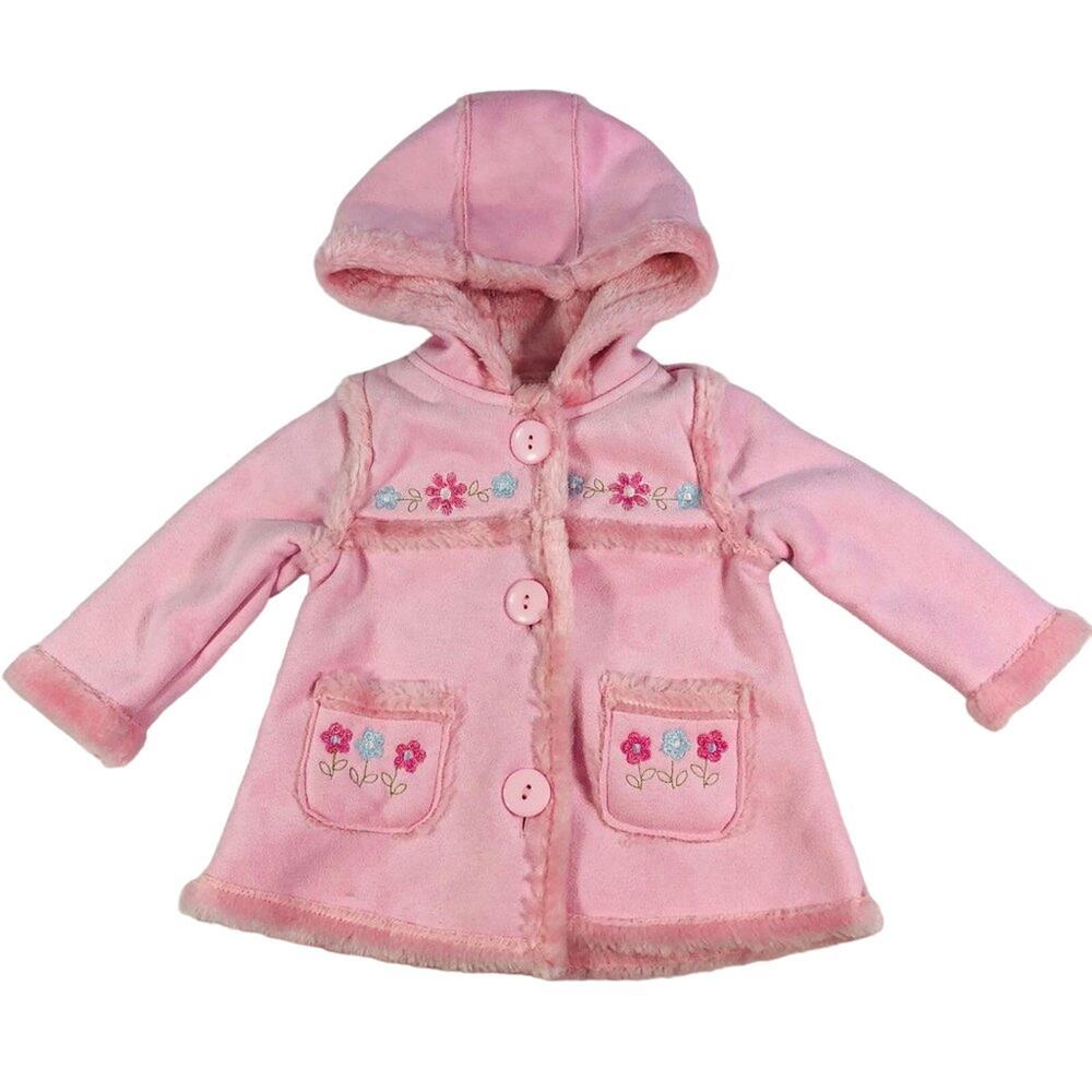 Sunshine Baby Faux Fur Jacket Coat Hooded Pink Size 12 Months Embroidered NWT